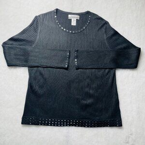 Vintage Y2K Nine & Co. Black Ribbed Knit Rhinestone Embellishment Top Size XL